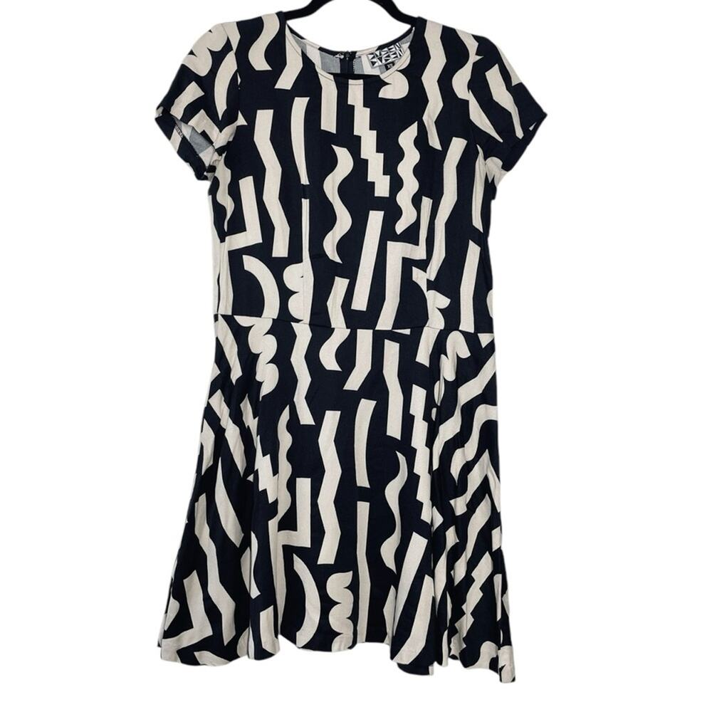 Dusen Dusen Black Cream Squiggle Abstract Shape Short Sleeve Mini Dress - XS
